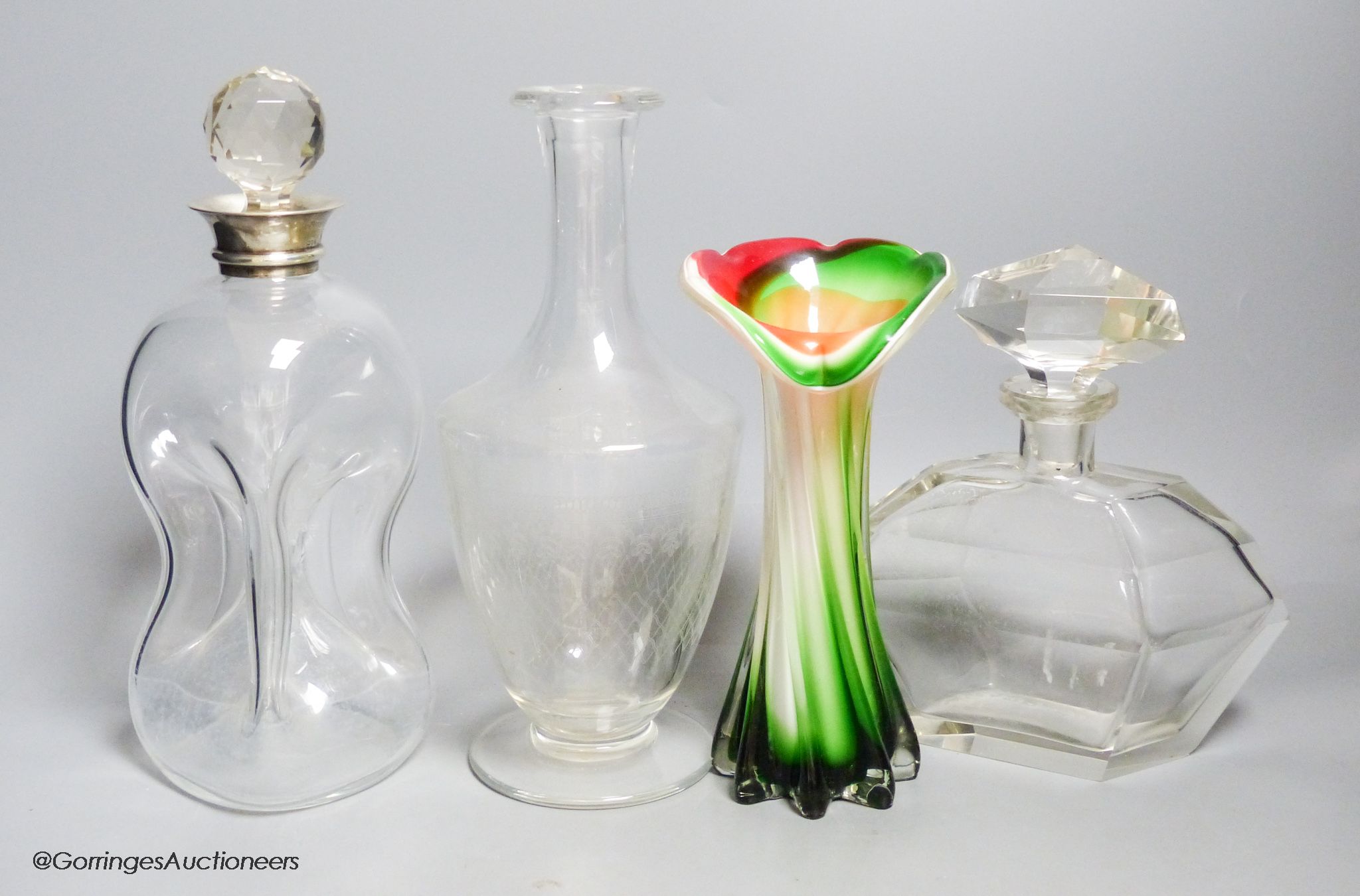 A silver-mounted decanter, a carafe vase and an Art Deco scent bottle